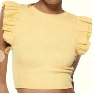 Zara Cotton Ribbed Ruffle Sleeves Yellow Tee Shirt Top Medium